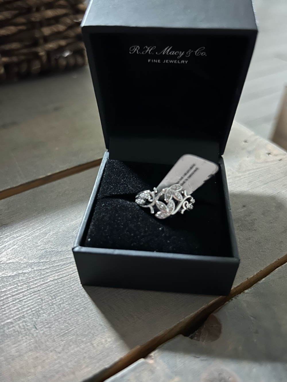 R.H. Macy & Co. Silver Floral Filigree Ring with Crystals 1/6CTTW